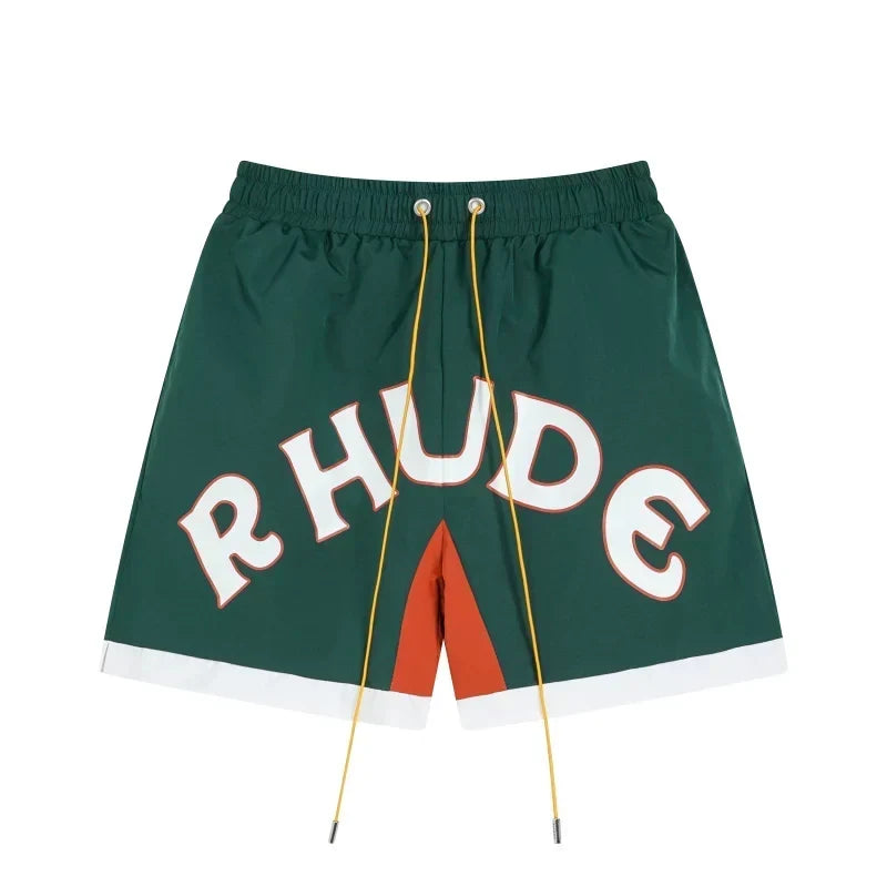 RHUDE Arch Logo Drawstring Athletic Shorts - Dark Green & Orange