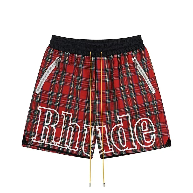 RHUDE Tartan Plaid Outline Script Logo Drawstring Athletic Shorts - Red